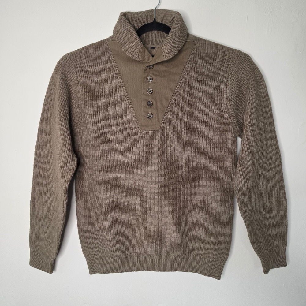 National Geographic Sweater Men L Brown 100% Wool Shawl Button Elbow Patch Money